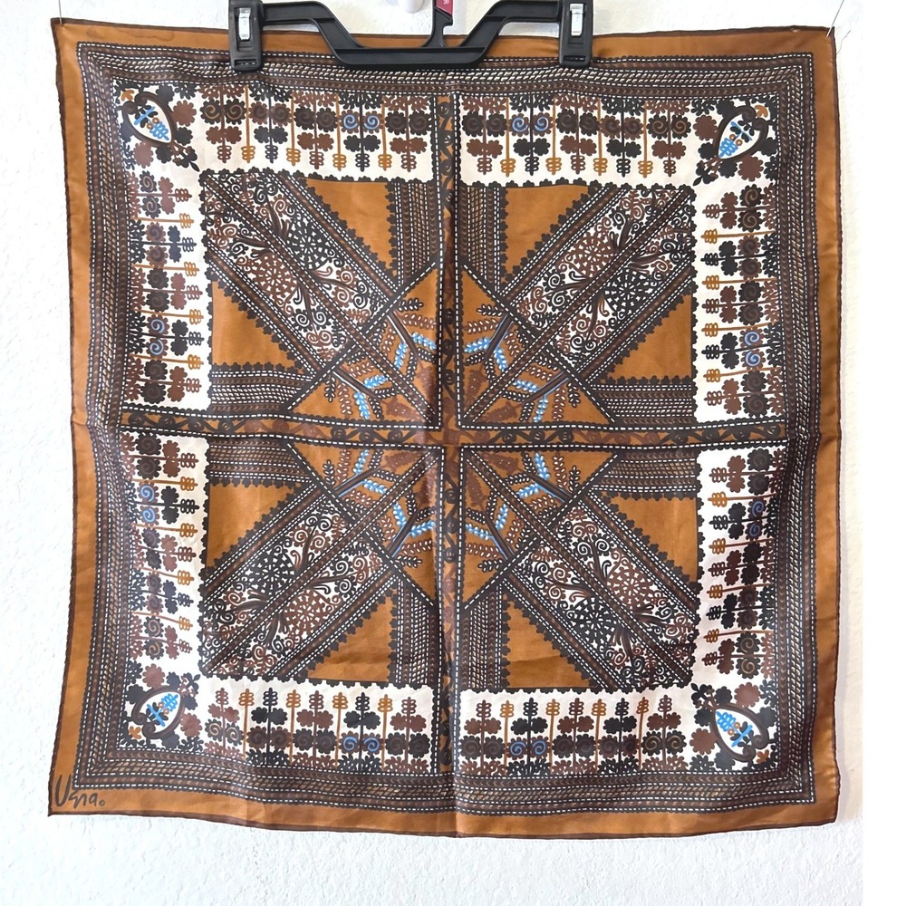 Vintage Vera Neumann Square Scarf Brown Tan Geometric Floral Print Silk Like